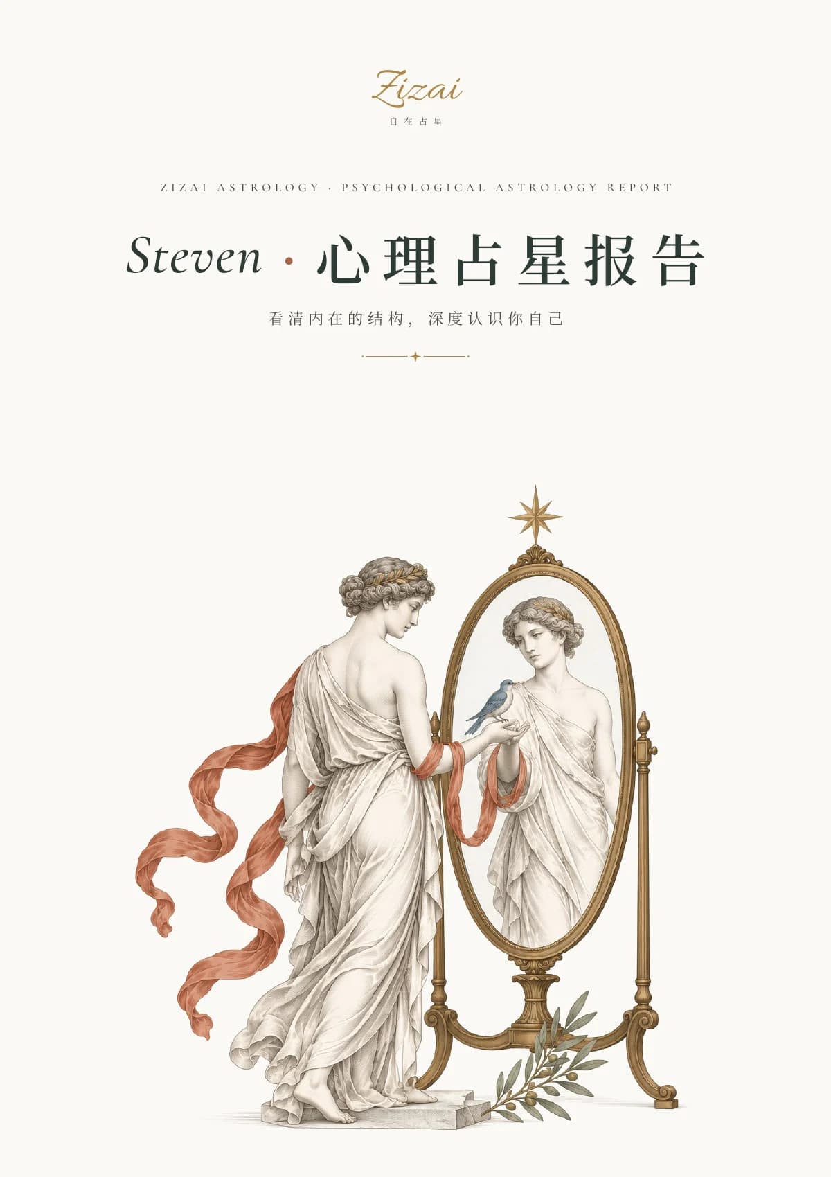 Steven · 心理占星报告封面：对着镜子的女子，手上停着一只青鸟