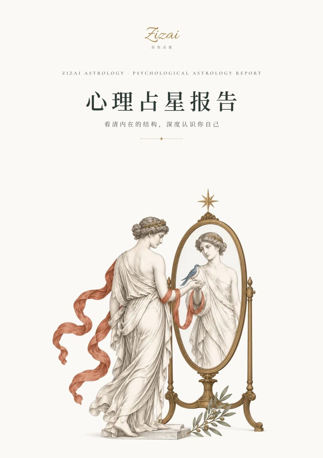 心理占星报告封面：对着镜子的女子，手上停着一只青鸟