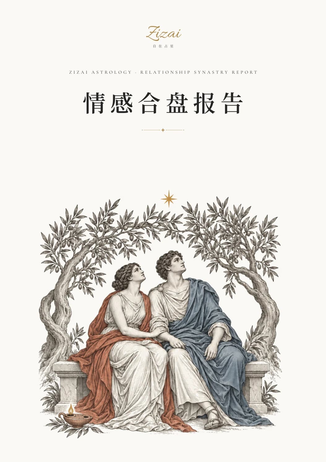情感合盘报告封面：橄榄树下并坐的两个人