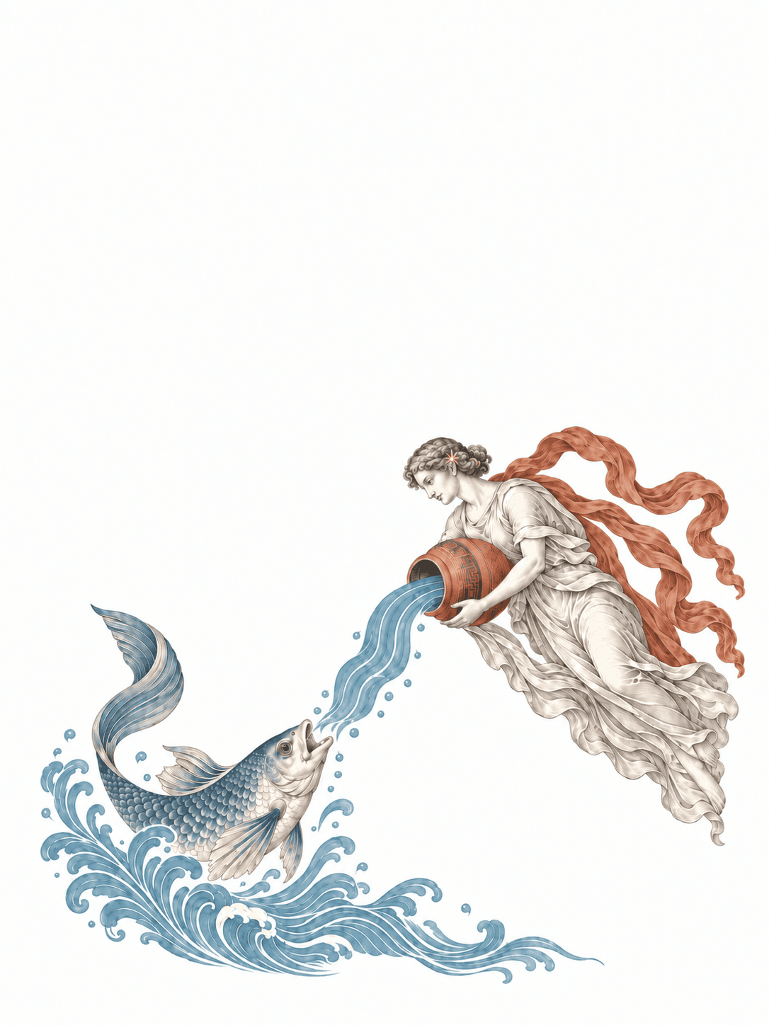 北落师门主题插画:人物、鱼与水纹